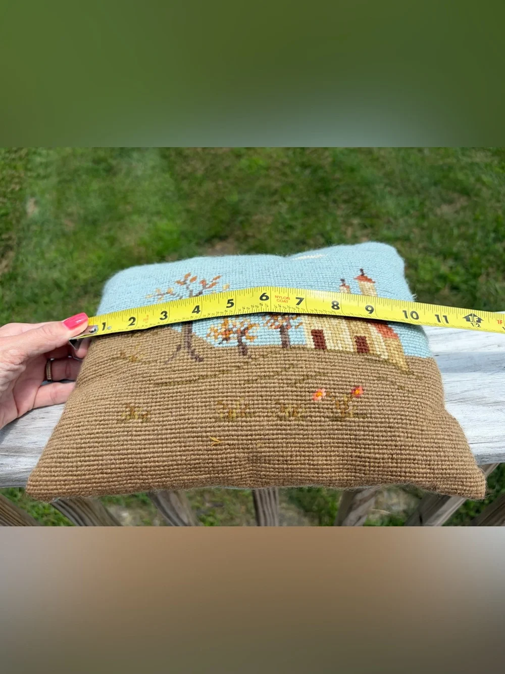Vintage Needlepoint Pillow House Landscape Decorative Small Velvet Cottagecore